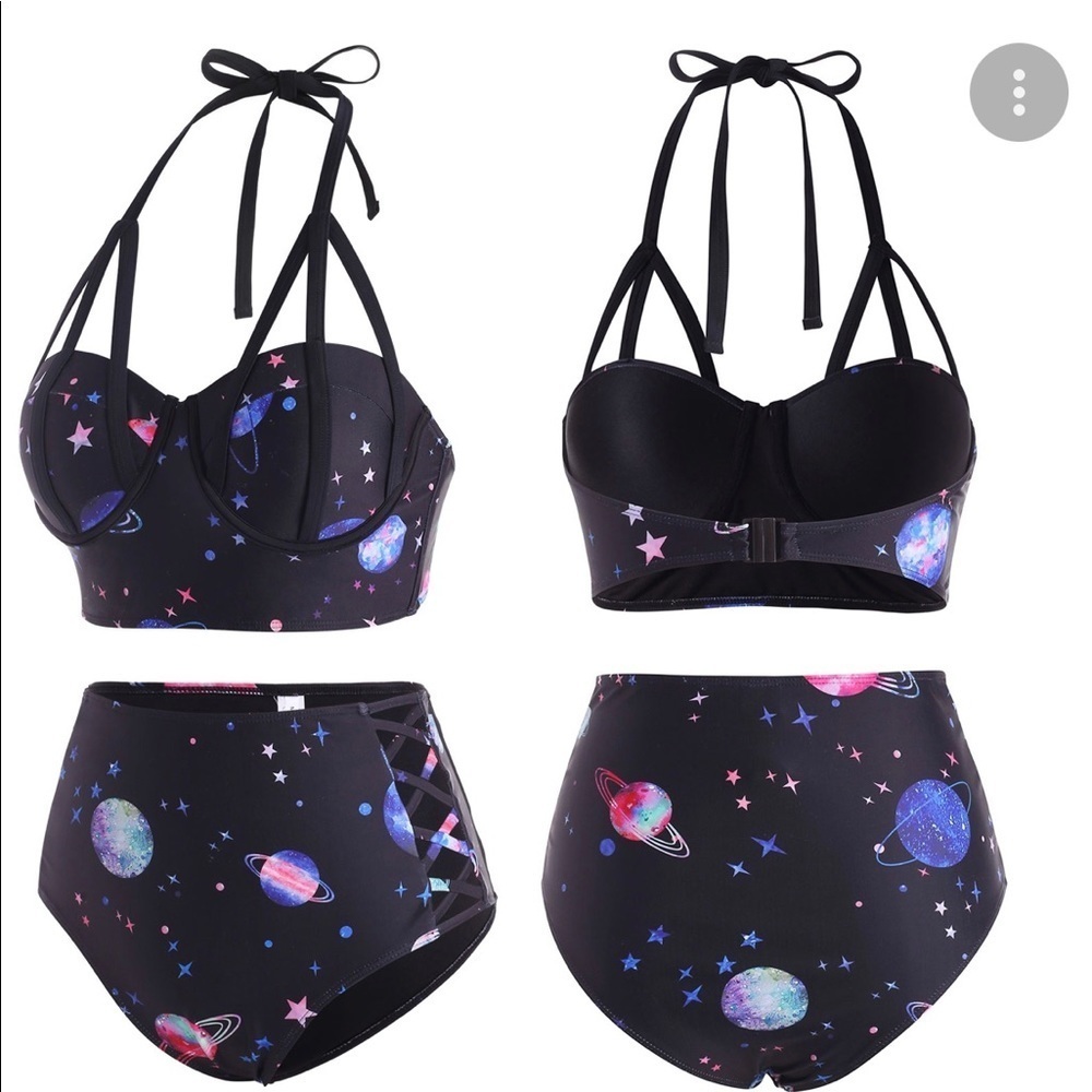DRESSFO galaxy print caged top high waisted bottom peekaboo side bottoms